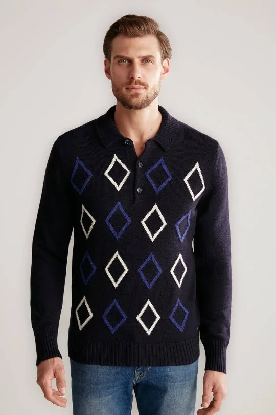 Hemington - Baklava Desen Polo Yaka Lambswool Lacivert Kazak (4)
