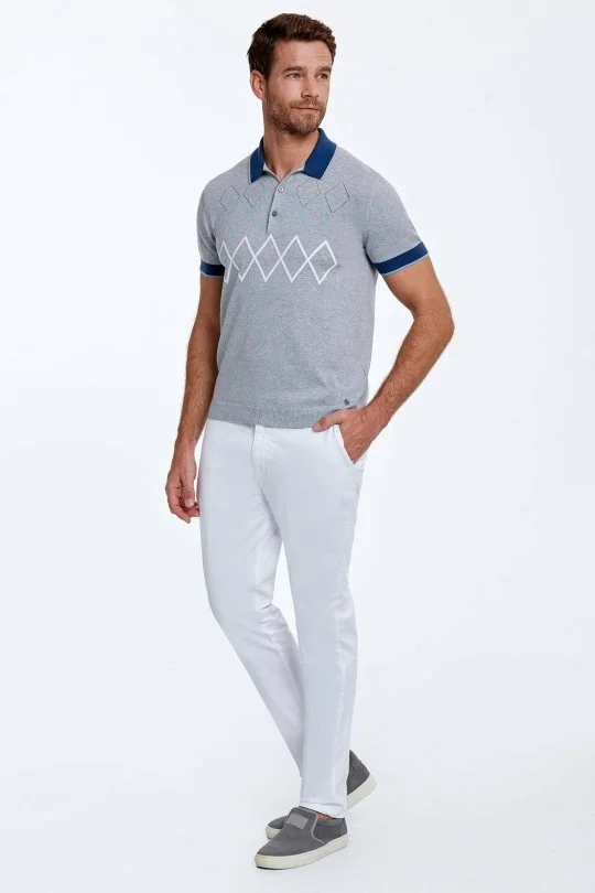 Hemington - Baklava Desen Saf Pamuk Açık Gri Triko Polo (1)
