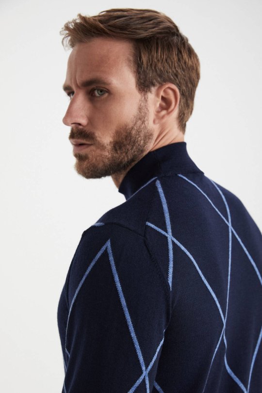 Baklava Desen Yarım Balıkçı Yaka Merino Yün Lacivert Triko