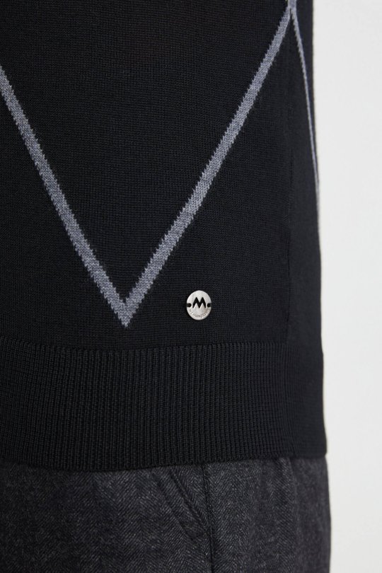 Baklava Desen Yarım Balıkçı Yaka Merino Yün Siyah Triko