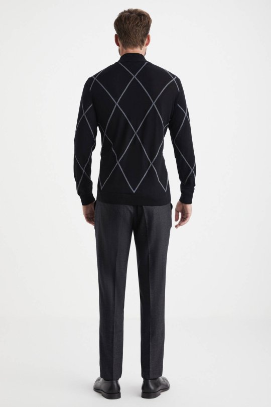 Baklava Desen Yarım Balıkçı Yaka Merino Yün Siyah Triko