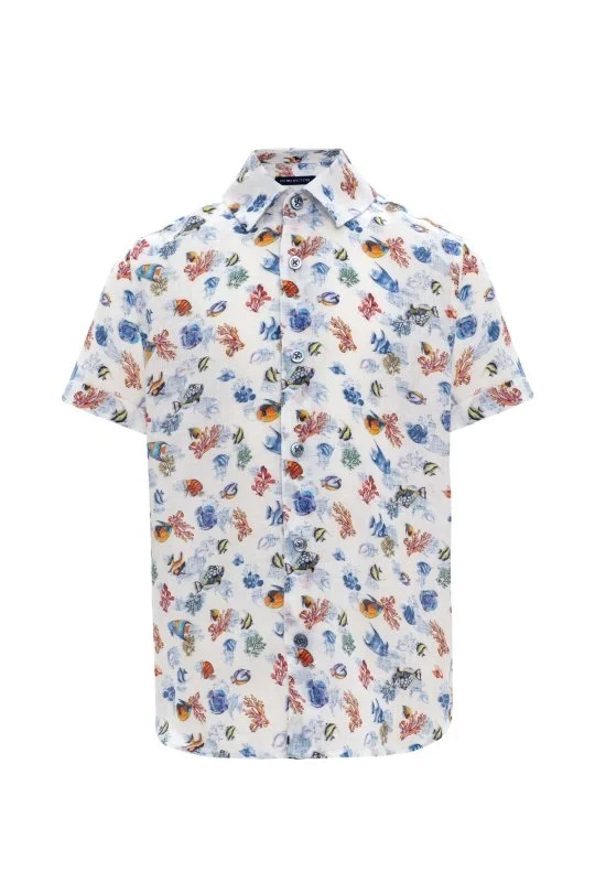 Hemington - Balık Desen Saf Keten Beyaz Kısa Kollu Çocuk Gömlek (6)