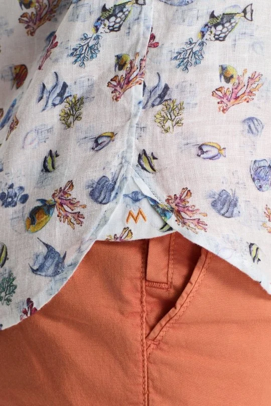 Hemington - Balık Desen Saf Keten Beyaz Kısa Kollu Çocuk Gömlek (5)