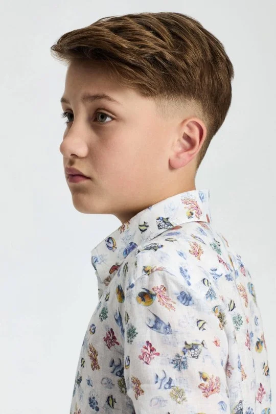 Hemington - Balık Desen Saf Keten Beyaz Kısa Kollu Çocuk Gömlek (2)