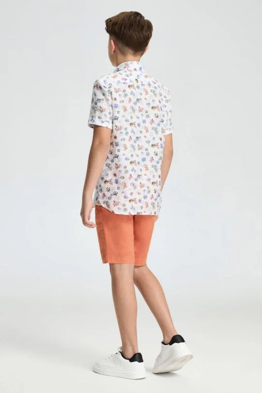 Hemington - Balık Desen Saf Keten Beyaz Kısa Kollu Çocuk Gömlek (4)