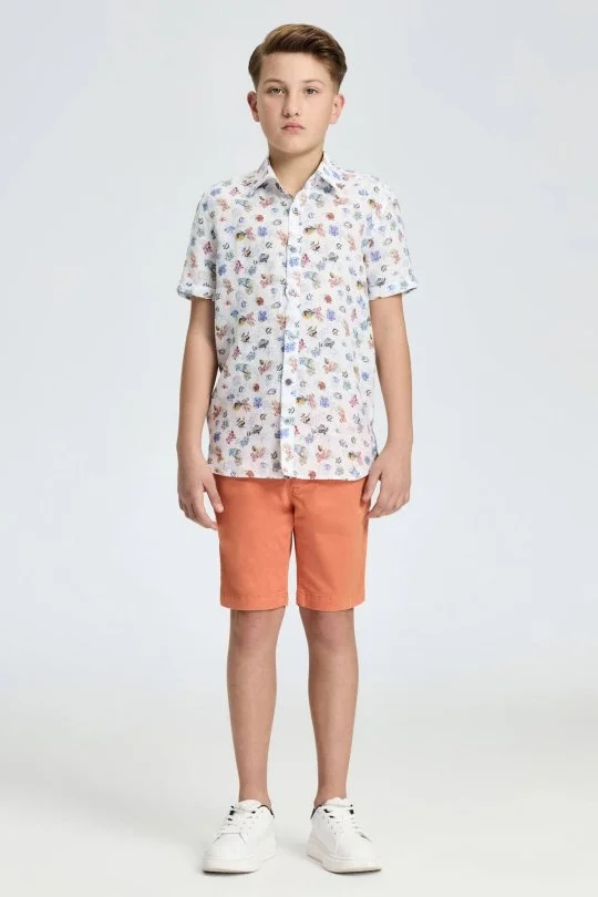 Hemington - Balık Desen Saf Keten Beyaz Kısa Kollu Çocuk Gömlek (1)