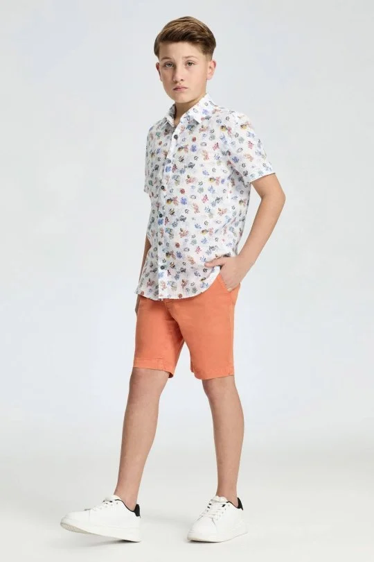 Hemington - Balık Desen Saf Keten Beyaz Kısa Kollu Çocuk Gömlek (3)