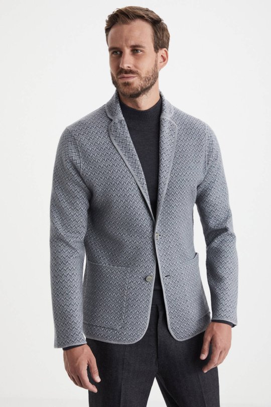 Balıksırtı Desen Çift Yönlü Açık Gri Merino Yün Triko Ceket