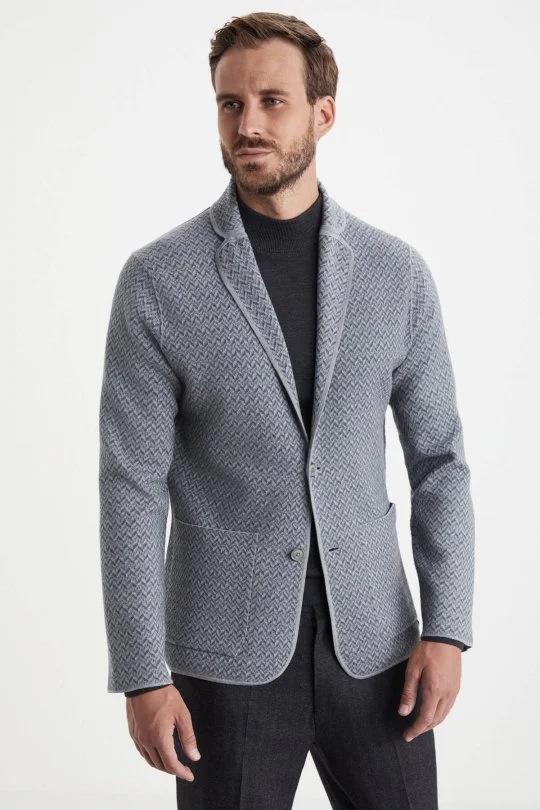 Hemington - Balıksırtı Desen Çift Yönlü Açık Gri Merino Yün Triko Ceket (4)