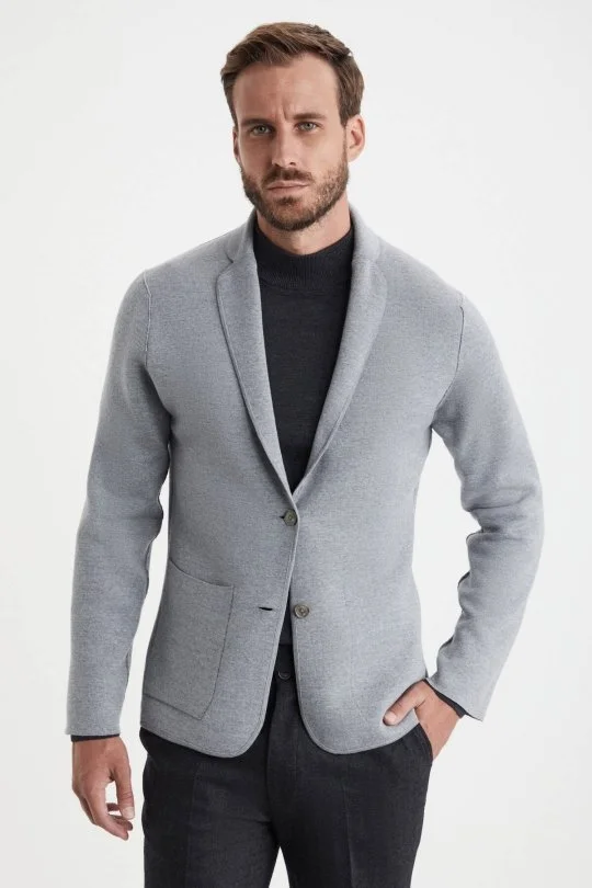 Hemington - Balıksırtı Desen Çift Yönlü Açık Gri Merino Yün Triko Ceket (3)
