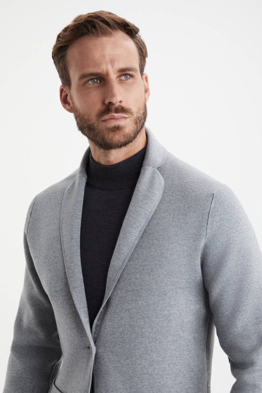 Balıksırtı Desen Çift Yönlü Açık Gri Merino Yün Triko Ceket