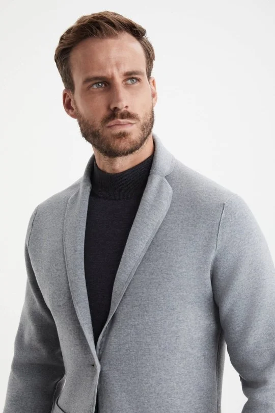 Hemington - Balıksırtı Desen Çift Yönlü Açık Gri Merino Yün Triko Ceket (5)