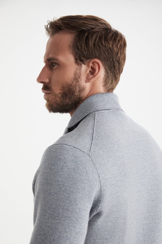 Balıksırtı Desen Çift Yönlü Açık Gri Merino Yün Triko Ceket