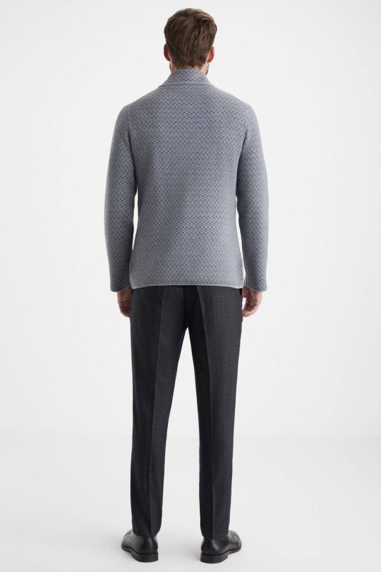 Balıksırtı Desen Çift Yönlü Açık Gri Merino Yün Triko Ceket