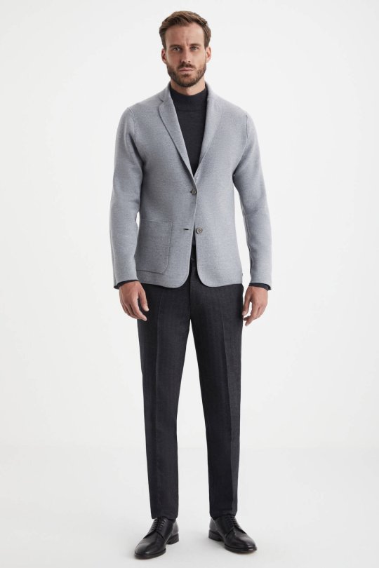 Balıksırtı Desen Çift Yönlü Açık Gri Merino Yün Triko Ceket