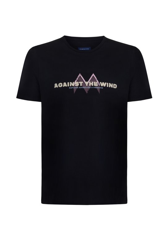Baskı Logolu Siyah Bisiklet Yaka T-Shirt
