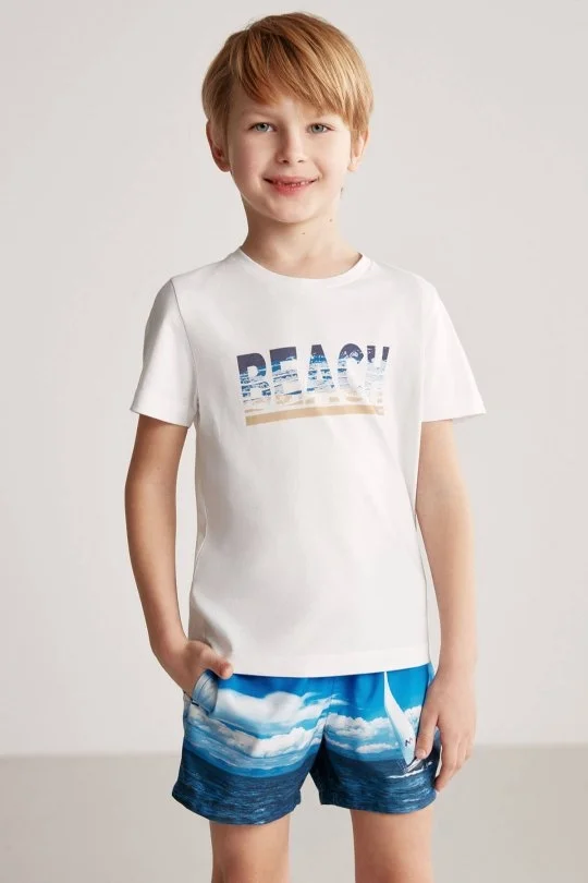 Hemington - Beach Baskılı Beyaz Pima Pamuk Çocuk T-Shirt