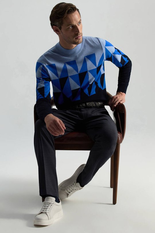 Belden Bağcıklı Koyu Mavi Pileli Yün Chino Jogger Pantolon