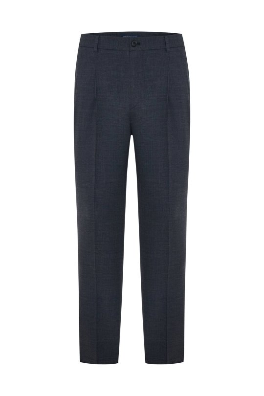 Belden Bağcıklı Koyu Mavi Pileli Yün Chino Jogger Pantolon