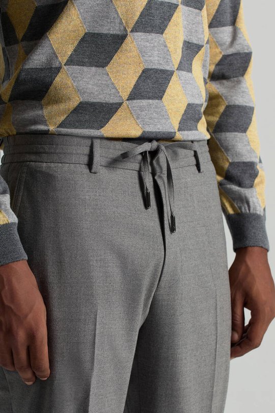 Beli Bağcıklı Orta Gri Yün Chino Jogger Pantolon