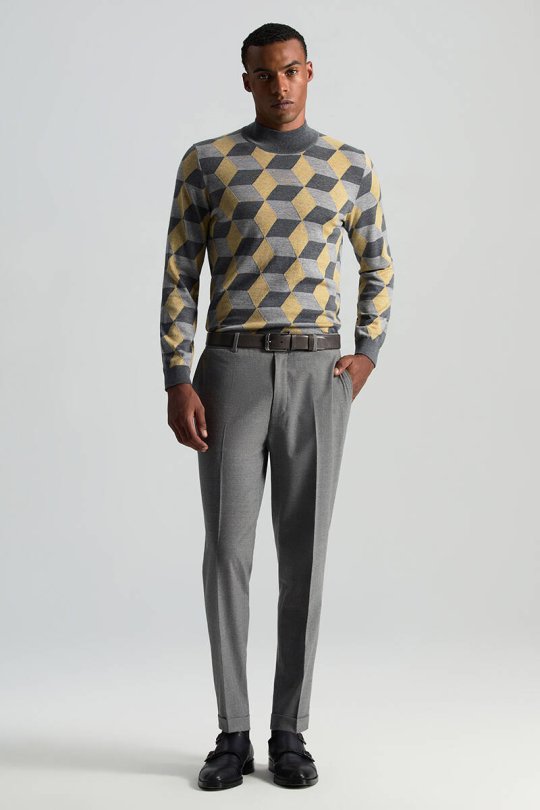 Beli Bağcıklı Orta Gri Yün Chino Jogger Pantolon