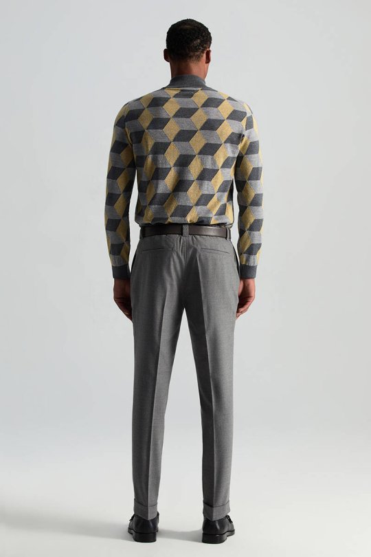 Beli Bağcıklı Orta Gri Yün Chino Jogger Pantolon