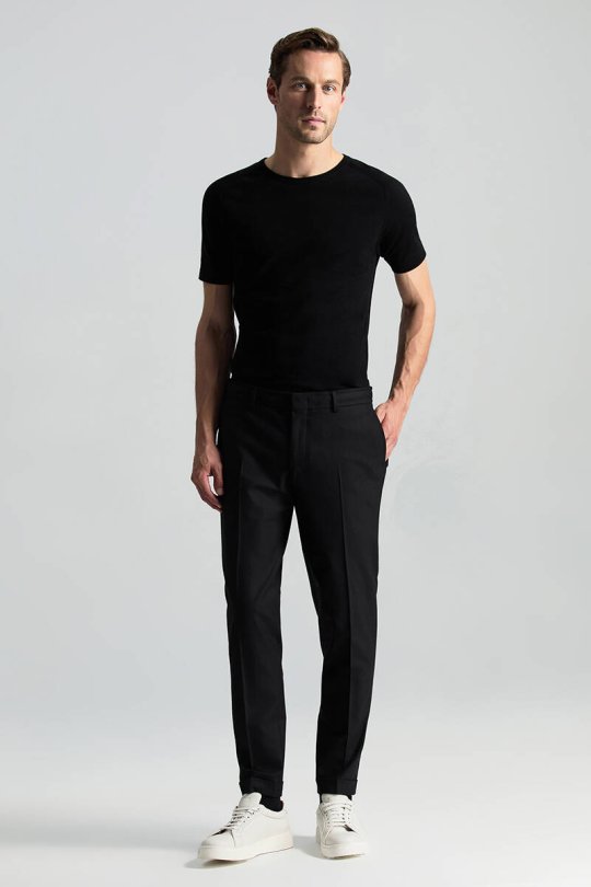 Beli Bağcıklı Siyah Yün Chino Jogger Pantolon