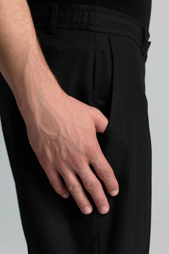 Beli Bağcıklı Siyah Yün Chino Jogger Pantolon