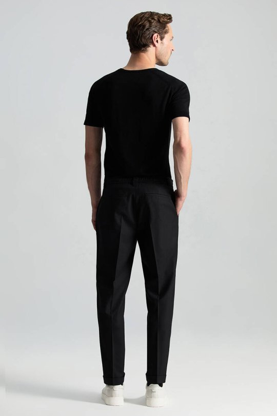 Beli Bağcıklı Siyah Yün Chino Jogger Pantolon