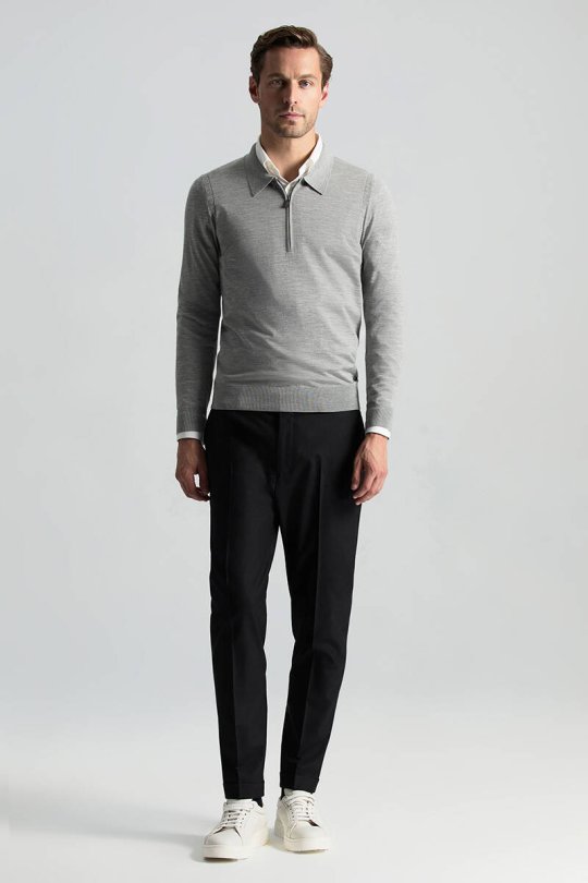 Beli Bağcıklı Siyah Yün Chino Jogger Pantolon