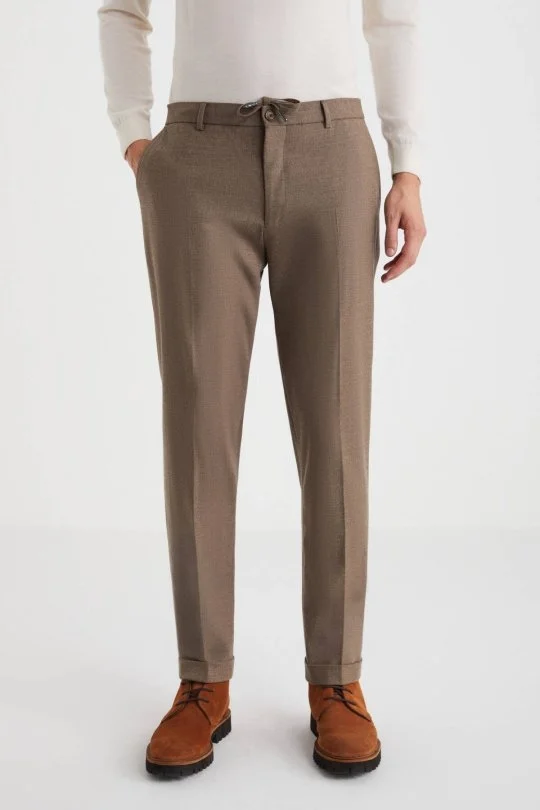Beli Lastikli Yün Tütün Rengi Jogger Pantolon