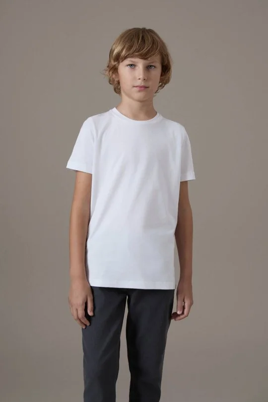 Beyaz Bisiklet Yaka Basic Çocuk T-Shirt