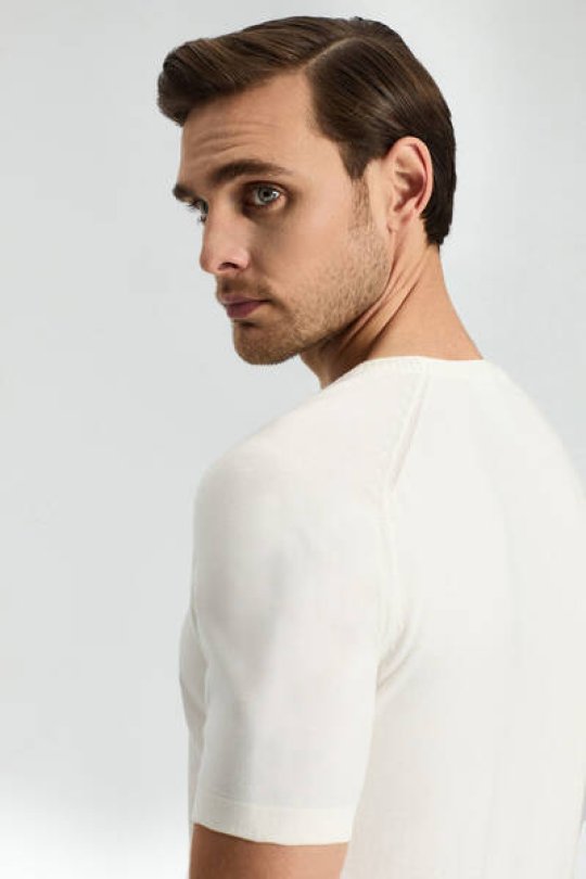 Bisiklet Yaka Beyaz Giza Pamuk Triko T-Shirt