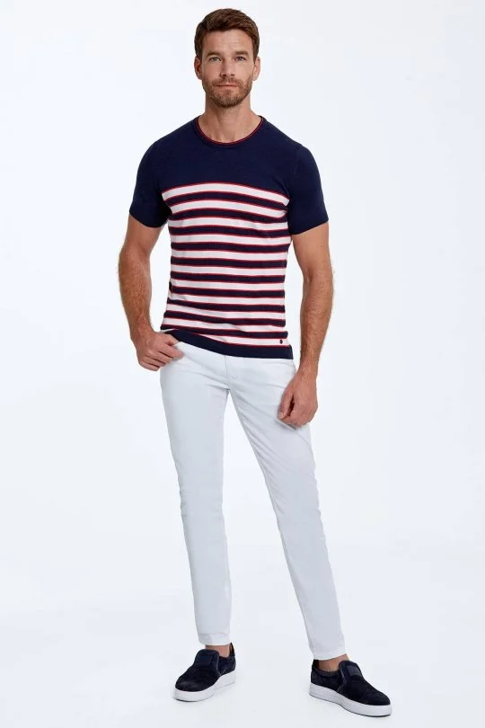 Hemington - Beyaz Çizgi Desen Bisiklet Yaka Lacivert Triko T-Shirt (1)