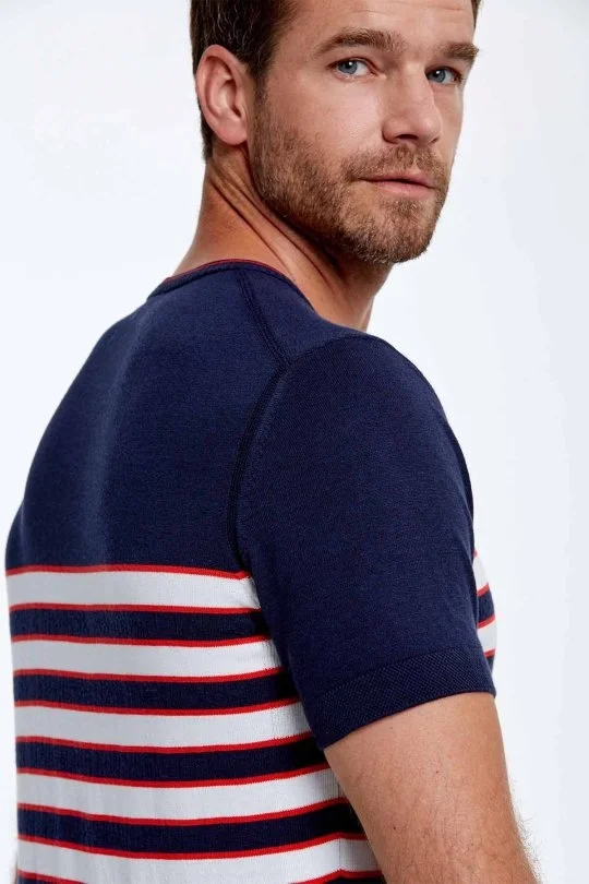 Hemington - Beyaz Çizgi Desen Bisiklet Yaka Lacivert Triko T-Shirt (2)