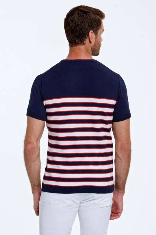 Hemington - Beyaz Çizgi Desen Bisiklet Yaka Lacivert Triko T-Shirt (4)