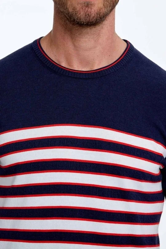 Hemington - Beyaz Çizgi Desen Bisiklet Yaka Lacivert Triko T-Shirt (5)