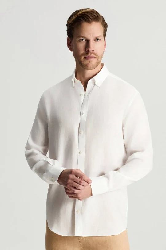 Hemington - Düğmeli Yaka Saf Keten Beyaz Gömlek (1)