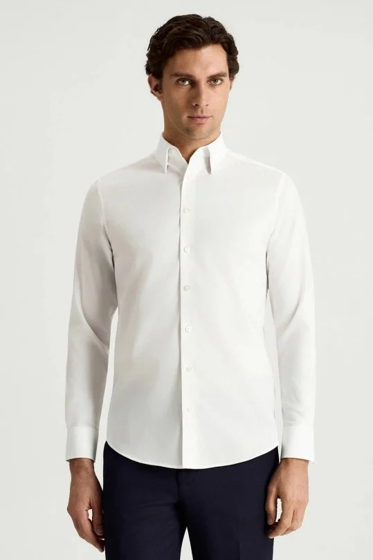 Hemington - Kuş Gözü Dokulu Non-Iron Business Gizli Düğme Beyaz Gömlek (3)