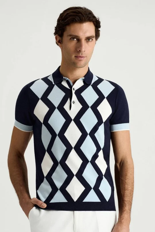 Lacivert Beyaz Argyle Desen Triko Polo