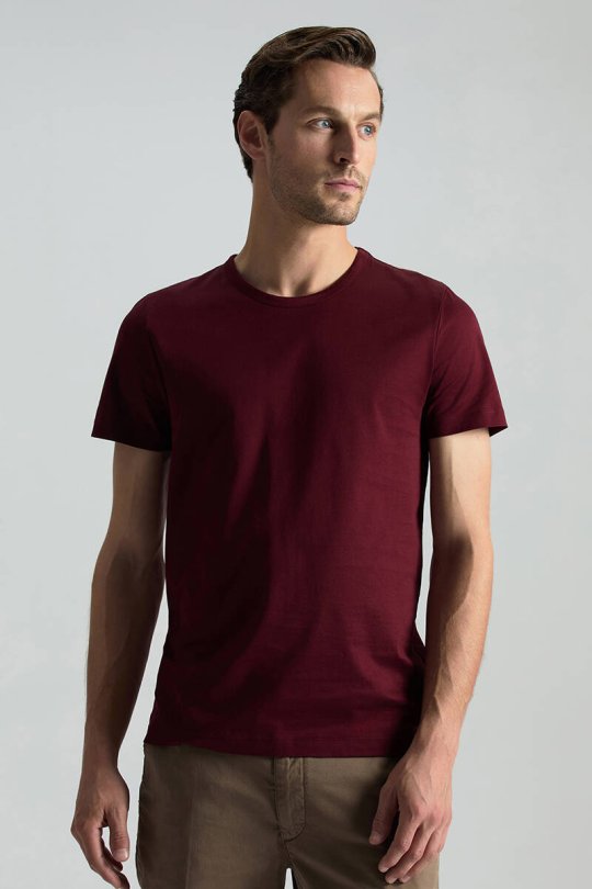 Bisiklet Yaka Bordo Basic T-Shirt