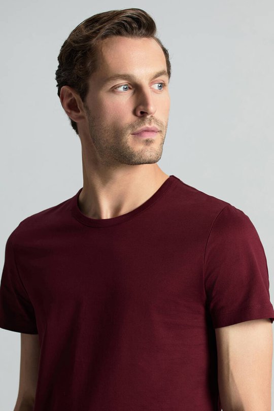 Bisiklet Yaka Bordo Basic T-Shirt