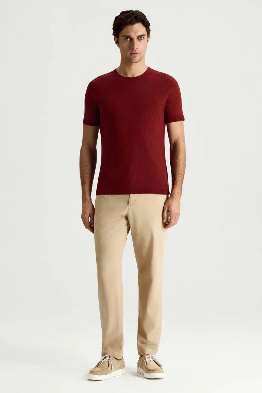Bisiklet Yaka Bordo Giza Pamuk Triko T-Shirt