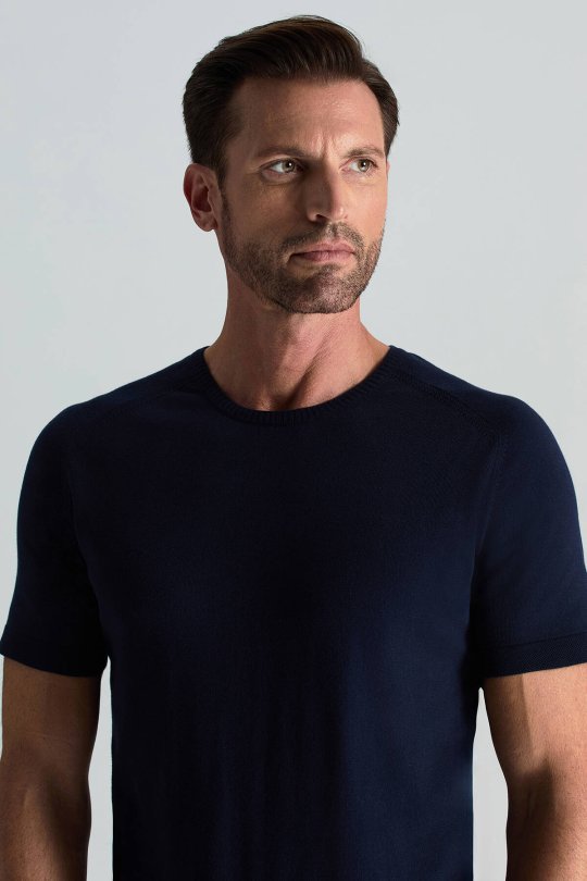 Bisiklet Yaka Lacivert Giza Pamuk Triko T-Shirt