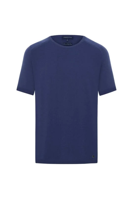 Bisiklet Yaka Mavi Giza Pamuk Triko T-Shirt