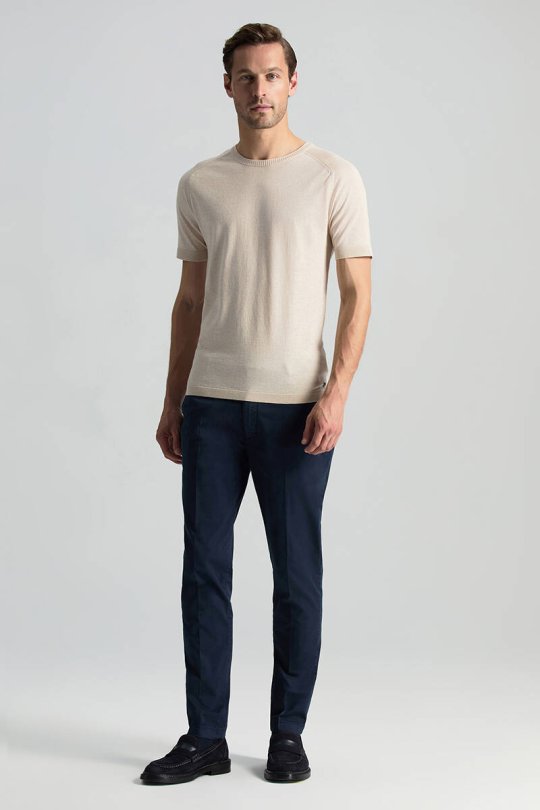 Bisiklet Yaka Krem Rengi Giza Pamuk Triko T-Shirt