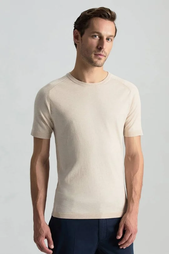 Hemington - Bisiklet Yaka Krem Rengi Giza Pamuk Triko T-Shirt