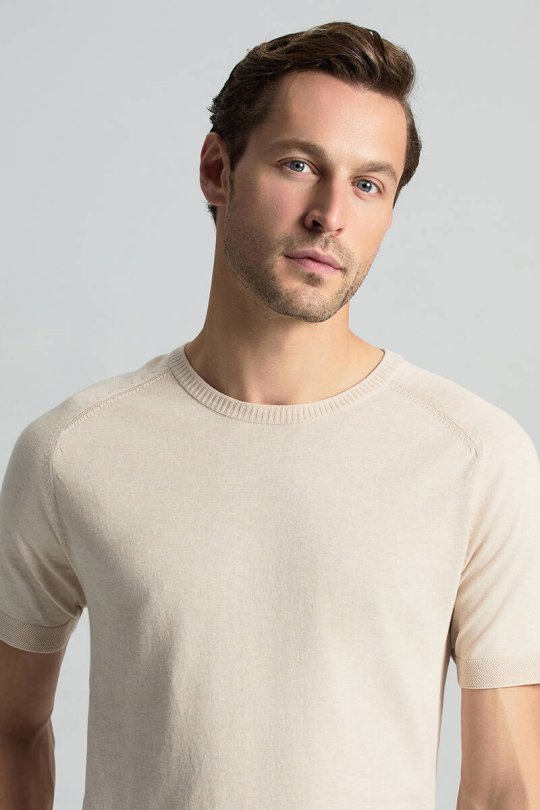 Bisiklet Yaka Krem Rengi Giza Pamuk Triko T-Shirt