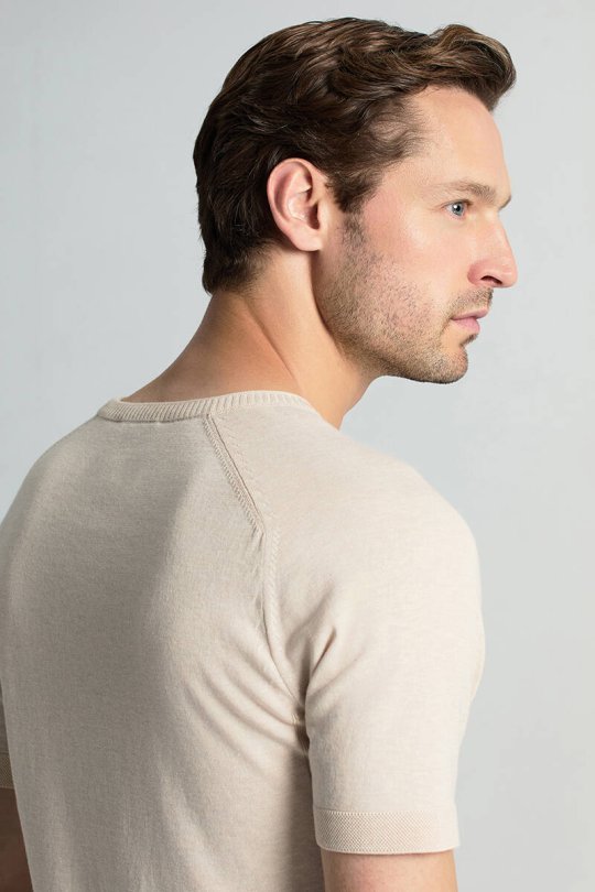 Bisiklet Yaka Krem Rengi Giza Pamuk Triko T-Shirt