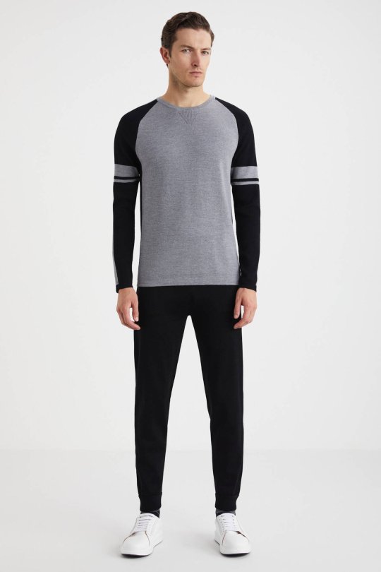 Bisiklet Yaka Merino Yün Desen Açık Gri Siyah Kazak